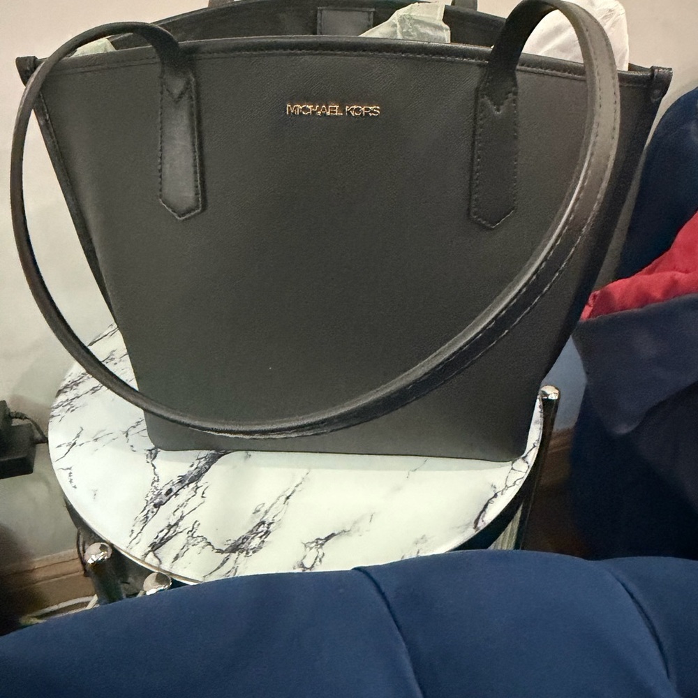 Michael Kors Black Leather Tote with Gold Logo